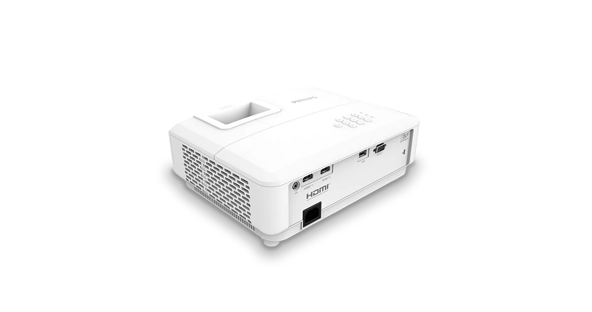 Philips Propix 850 white projector angled view showing HDMI ports and ventilation grille
