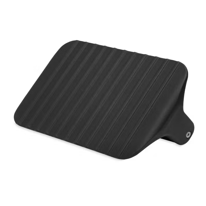 Black ridged griddle press plate angled to show handle attachment with screw detail