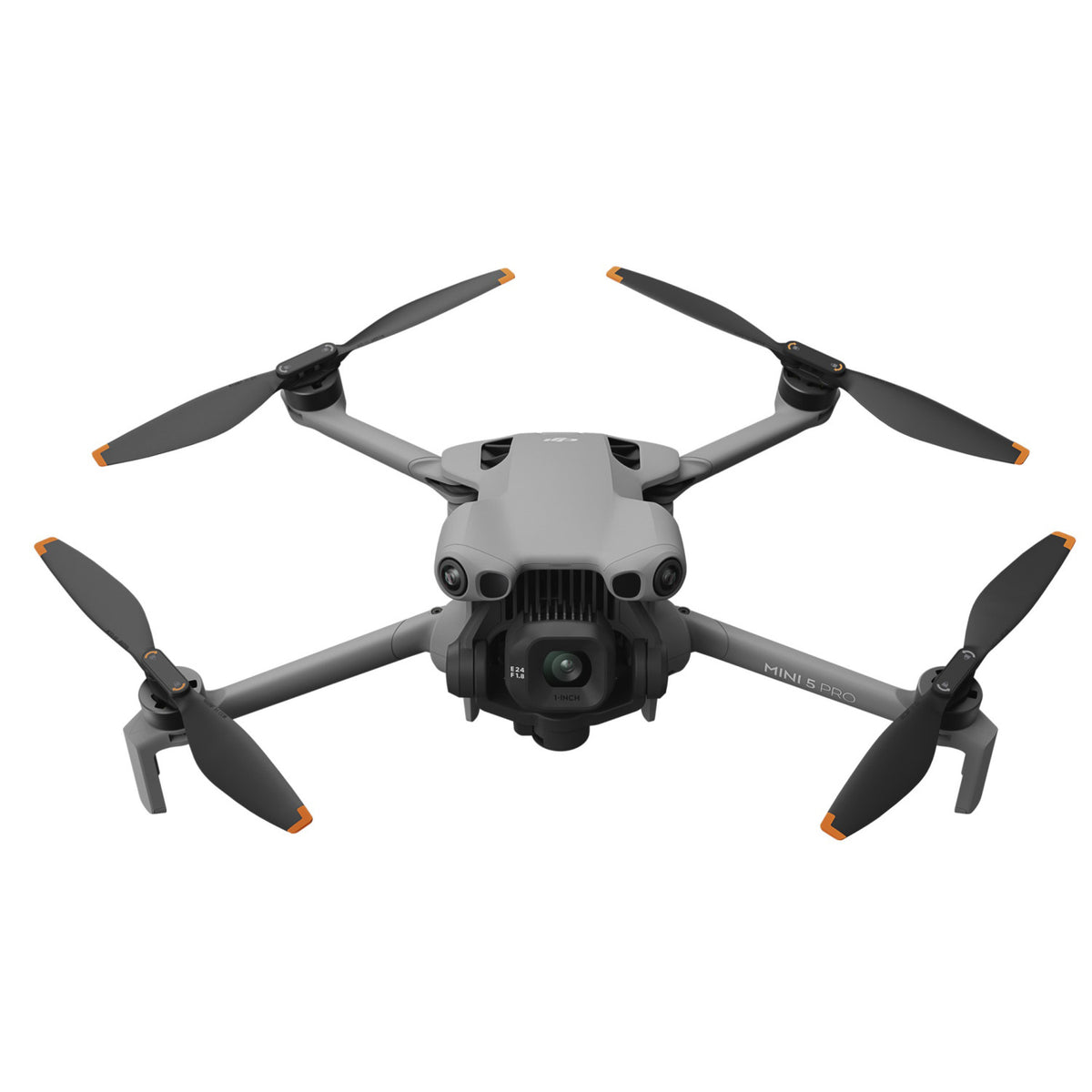 DJI Mini 5 Pro drone front view with four propellers and camera gimbal visible