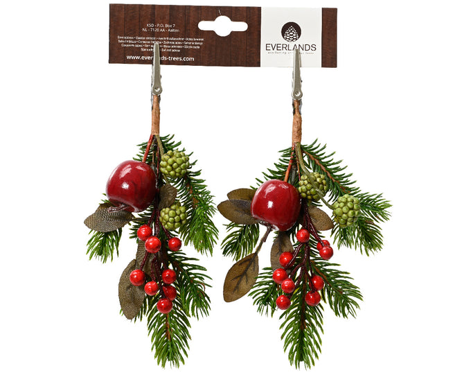 Decorative apple clip with green foliage and red berry, 2 pack, 22cm, festive décor by Keans Claremorris.