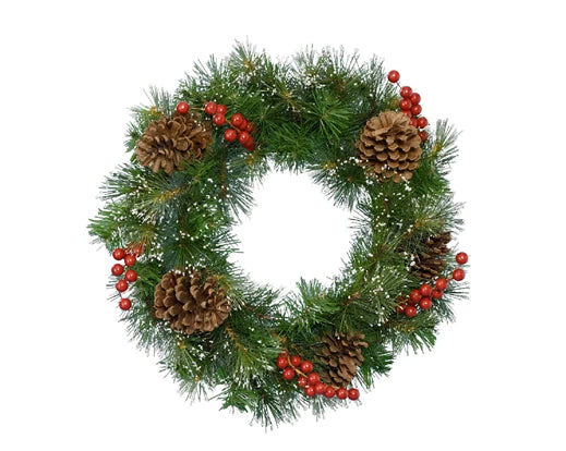 Ipswich Wreath with snowy berries and pinecones, green/white, 50cm diameter, indoor decor – Keans Claremorris