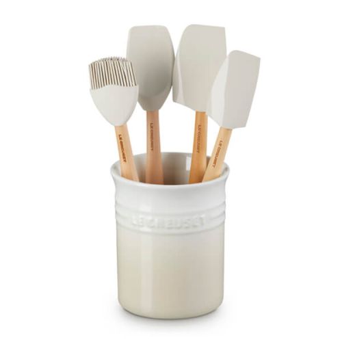 Le Creuset Utensil Jar with 4 Craft Tools Meringue, stylish kitchen organizer, available at Keans Claremorris.
