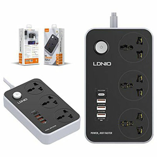 Ldnio black 2M power extension strip with three universal sockets, four USB ports, and power button, shown with packaging.