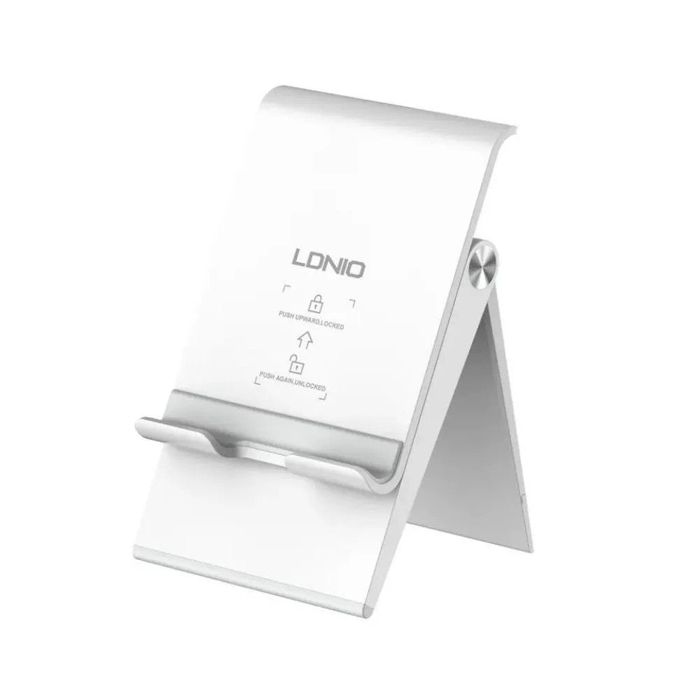 LDNIO foldable white phone and tablet stand with adjustable angle and anti-slip base, shown upright.