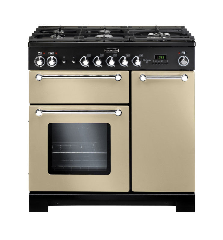 Rangemaster Kitchener 90cm Dual Fuel Range Cooker with oven and gas hob – available at Keans Claremorris