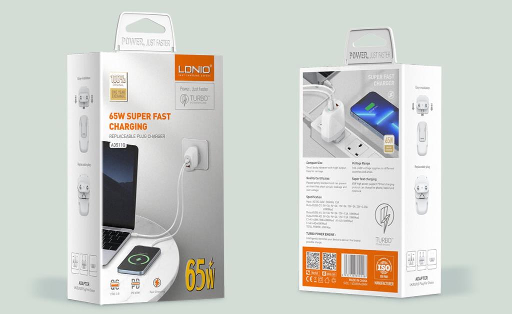 Front and back views of Ldnio 65W GaN Super Fast PD Charger packaging showing charger and features.