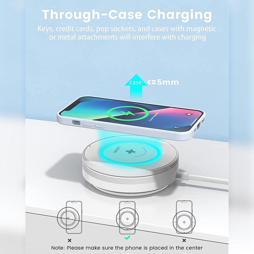 Ldnio 5 IN 1 Wireless Qi Desktop Charger with phone hovering above, showing through-case charging up to 5mm thick cases.