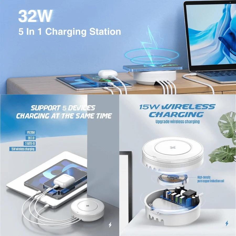 Ldnio 5 IN 1 Wireless Qi Desktop Charger shown charging multiple devices with cables and wireless charging pad.