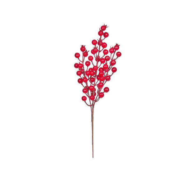 A single artificial holly branch with glossy red berries on a brown stem, 