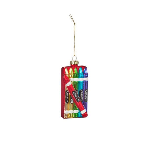 Decorative ornament shaped like a Crayola crayon set with a red case 
