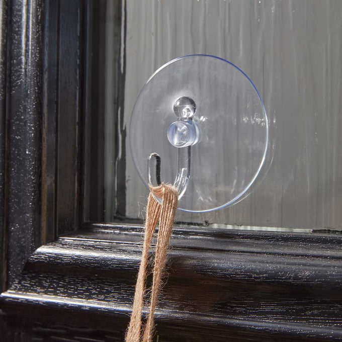 Clear suction cup with a string attached to a wooden surface