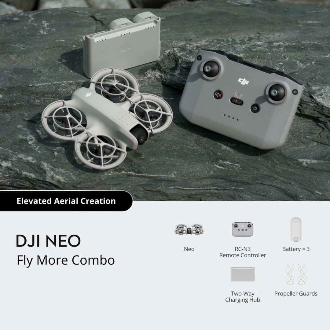 DJI Neo Fly More Combo Kit Compact Drone with accessories, high-performance, available at Keans Claremorris