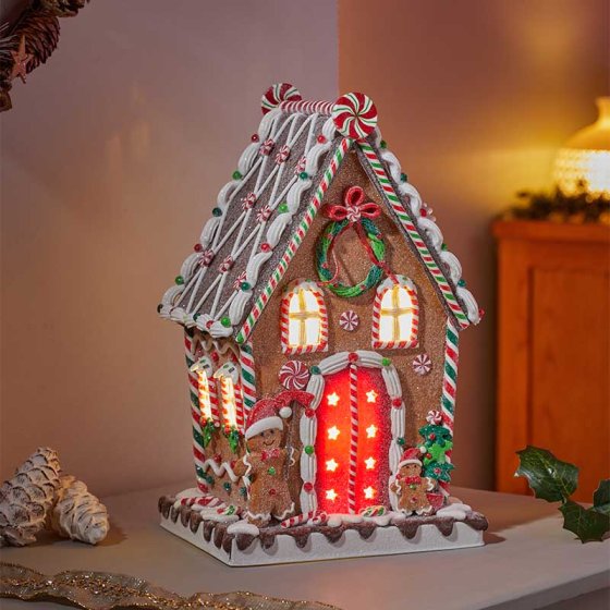 Hand-painted Gingerbread Candy Lodge ornament 26x13x13cm with in-lit festive glow by Keans Claremorris