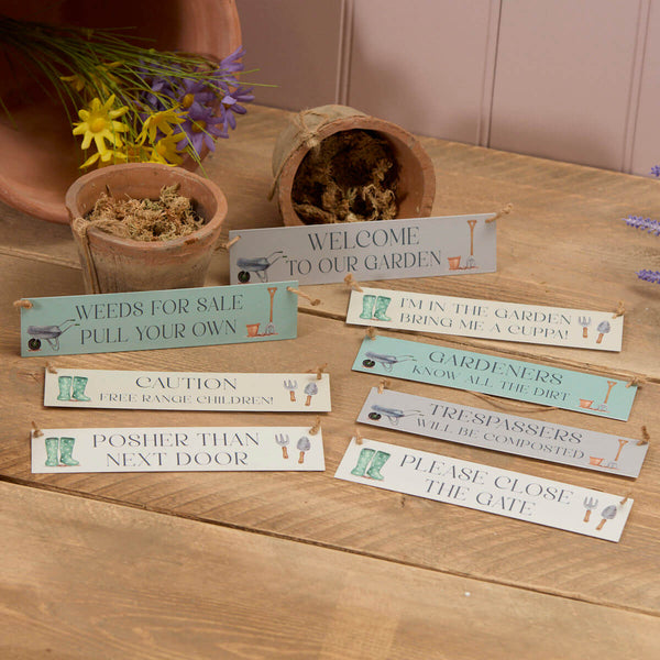 Metal illustrated garden sign with humorous sayings, sold separately, durable outdoor decor by Keans Claremorris.