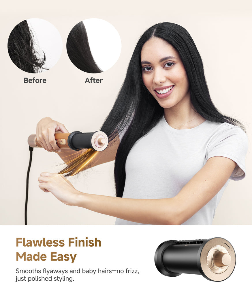 Woman using Dreame AirStyle Pro 7-in-1 Hair Styler to smooth long black hair with before and after close-ups of hair strands