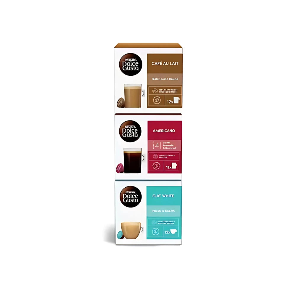 Three stacked Nescafe Dolce Gusto coffee capsule boxes: Café au Lait, Americano, and Flat White.