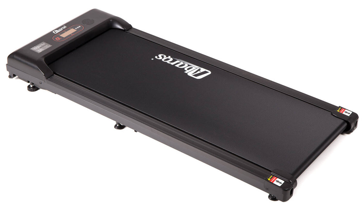 AbarQs fitness BZ-38.00 electric treadmill walking pad in black with digital display and control panel.