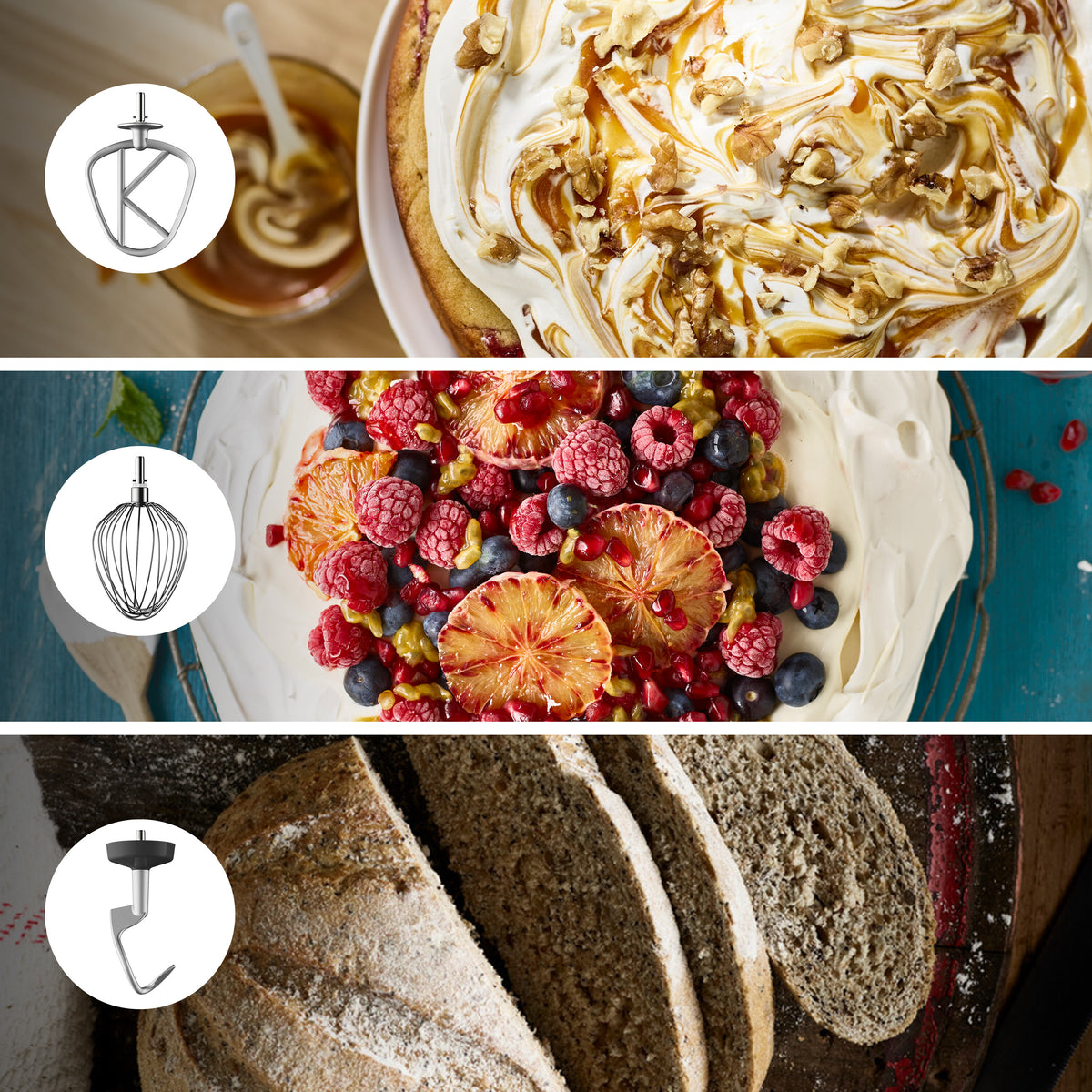 Kenwood Chef Mixer XL K-shaped beater attachment with cake, fruit, and bread backgrounds
