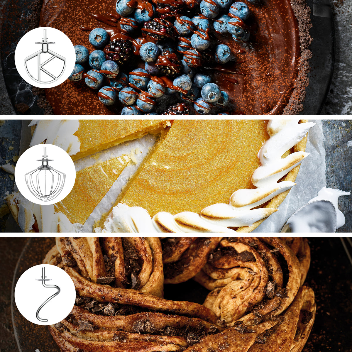 Three close-up images of desserts topped with blueberries, meringue, and chocolate, each with a mixer attachment inset.