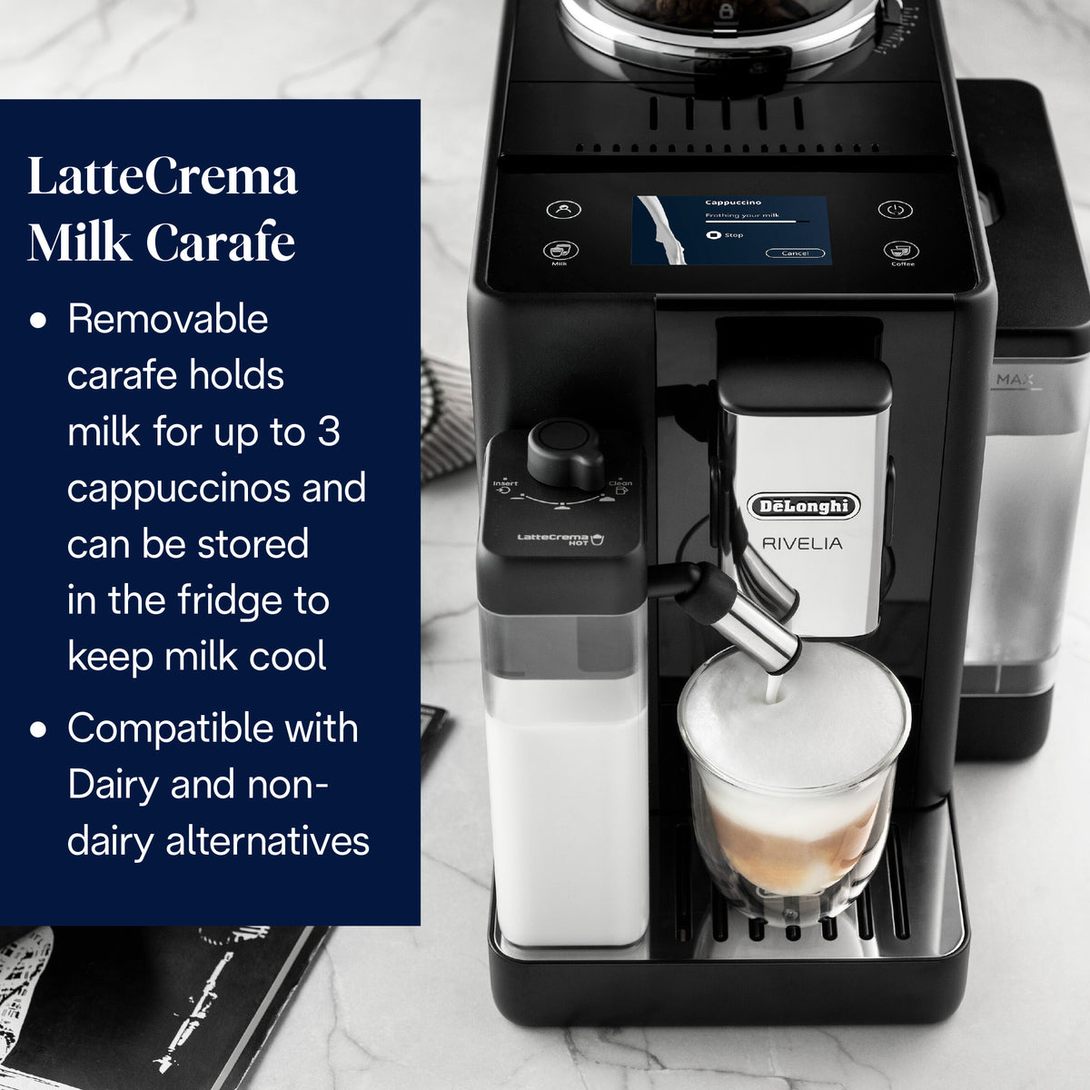 DeLonghi Rivelia coffee machine frothing milk into a glass with touchscreen display showing cappuccino settings