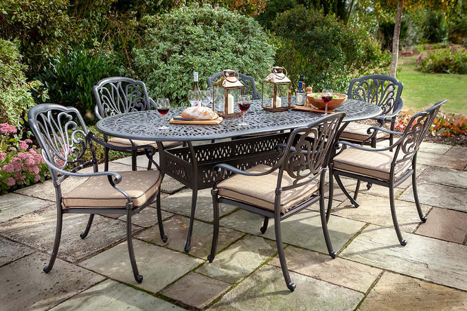 Amalfi 6 Seat Oval Garden Furniture Set in Bronze and Amber – Outdoor Dining Set | Keans Claremorris