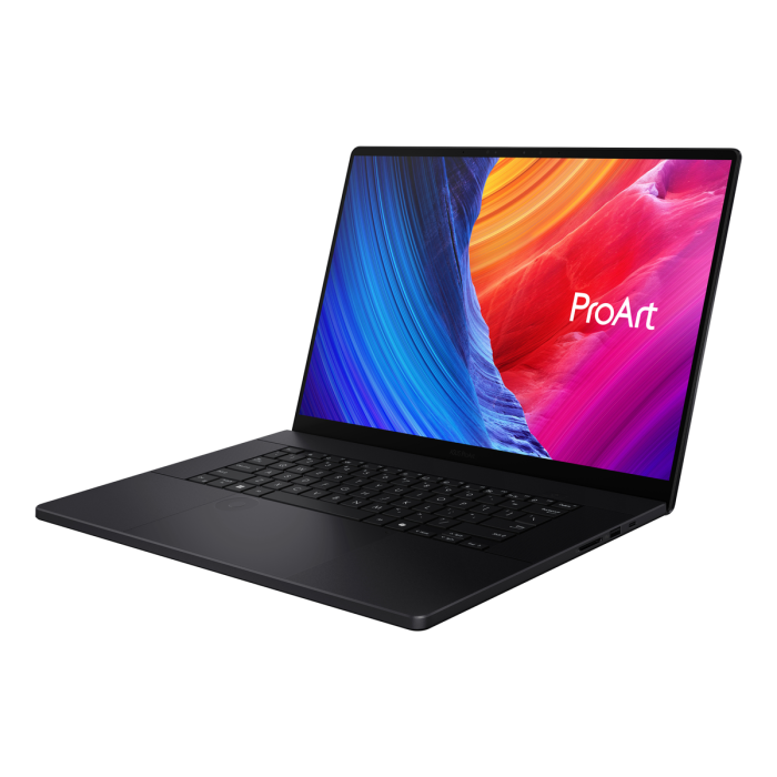 ASUS H7606WIME025W 16" black touchscreen laptop angled right with colorful ProArt display on screen