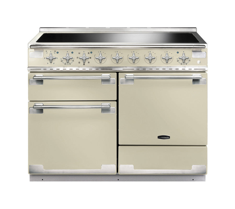 Rangemaster Elise 110 induction range cooker in cream with stainless steel handles and control knobs, front view.
