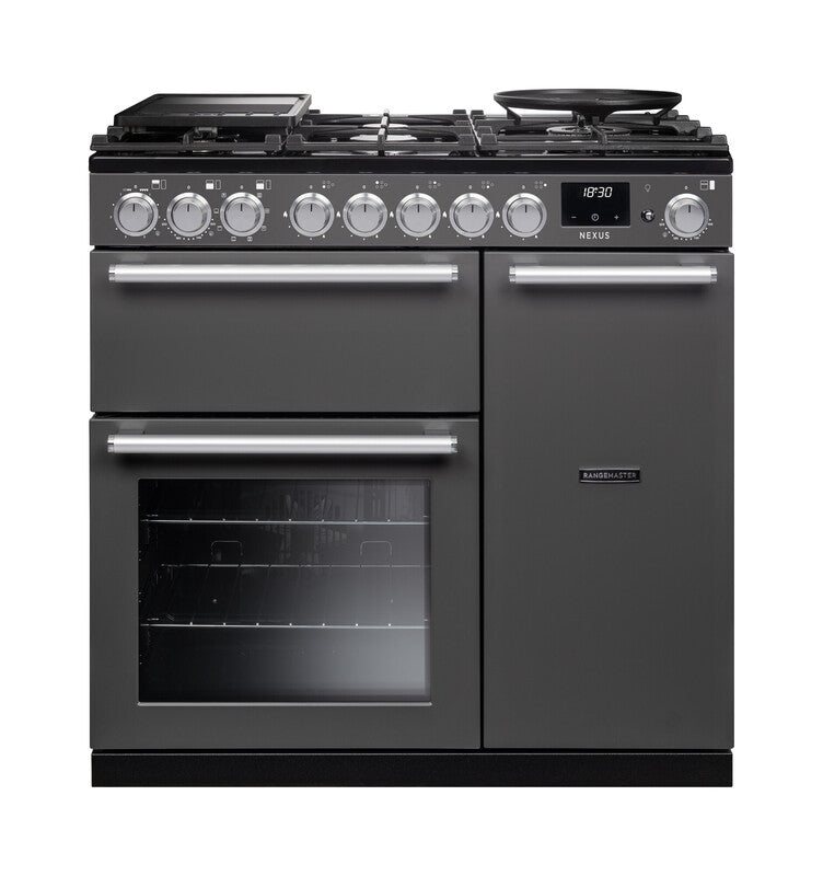 Rangemaster Nexus Dual Fuel 90cm cooker in grey with chrome handles, multiple burners, and digital clock display