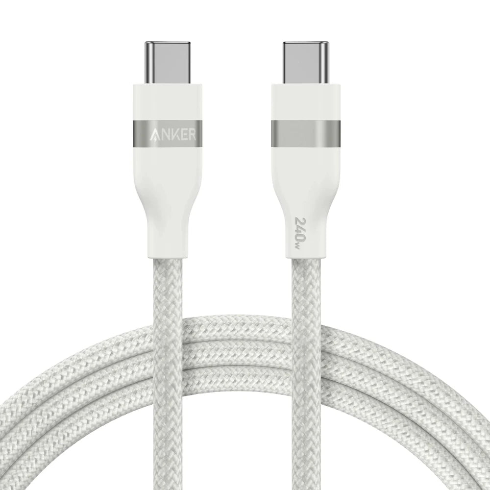 White Anker USB-C to USB-C 240W braided charging cable with visible connectors and branding.