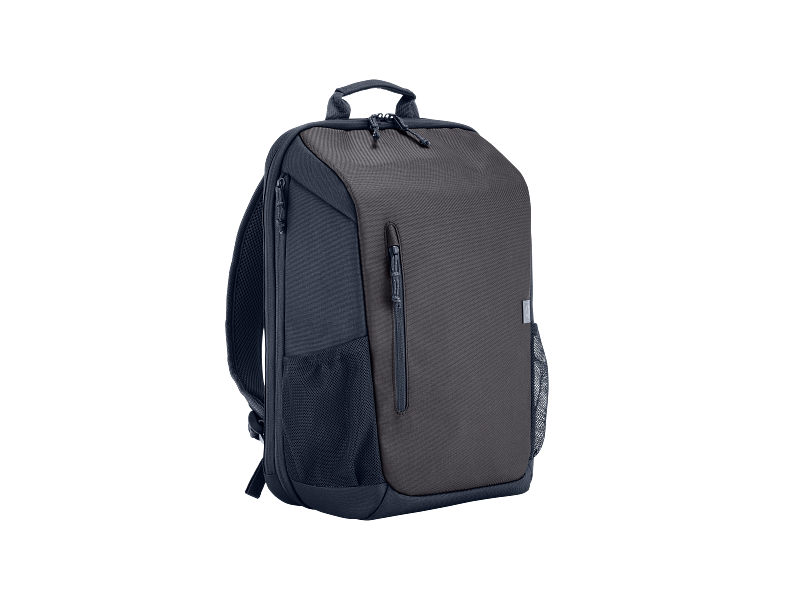 HP 18L 15.6" Laptop Backpack in dark gray with front zip pocket and side mesh pockets, angled view.