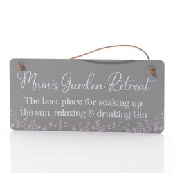 Metal Mum's Garden Floral Plaque in sage green with pink flowers, 32x15cm, decorative metal sign - Keans Claremorris