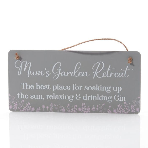 Metal Mum's Garden Floral Plaque in sage green with pink flowers, 32x15cm, decorative metal sign - Keans Claremorris