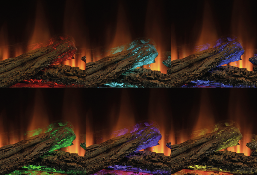 Dimplex Ignite Ultra 60 electric fireplace logs showing six color flame effects including red, blue, green, and purple.
