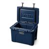 YETI Tundra 35 navy cool box open, showing spacious interior and sturdy handles on sides.