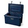 Open navy Tundra 45 cooler showing spacious interior and sturdy hinges.