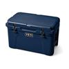 Navy Tundra 45 cooler with sturdy latches and a handle on the side, shown at a slight angle.