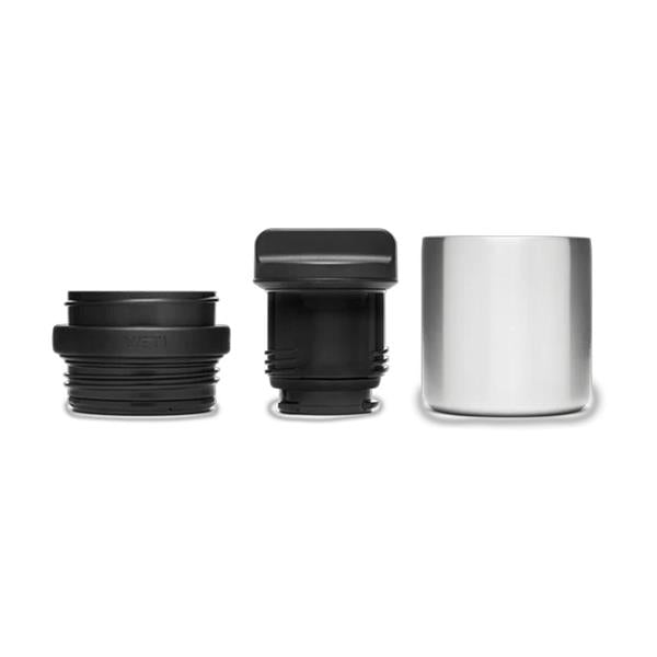 Rambler Bottle Cup Cap in black shown disassembled into three parts on white background