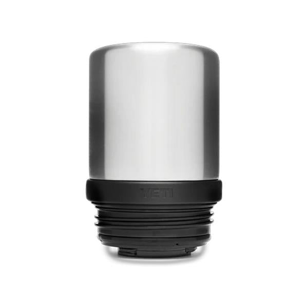 Rambler Bottle Cup Cap in black with stainless steel cup and threaded base shown upright on white background.