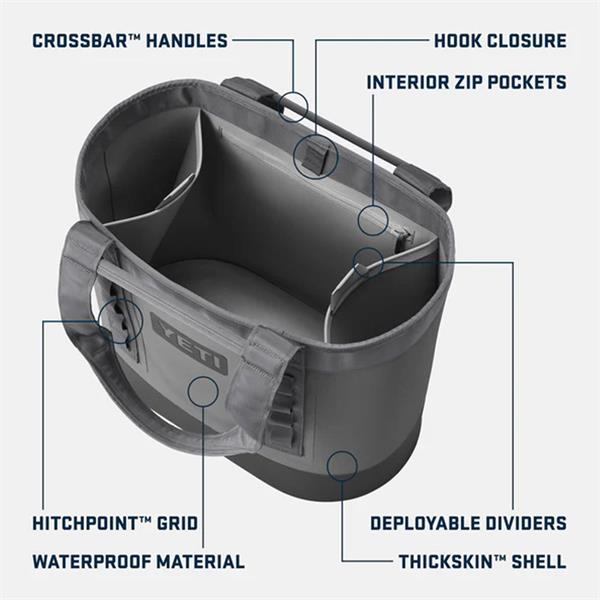 Open navy Camino Carryall 35 2.0 showing interior zip pockets, deployable dividers, and Crossbar handles.