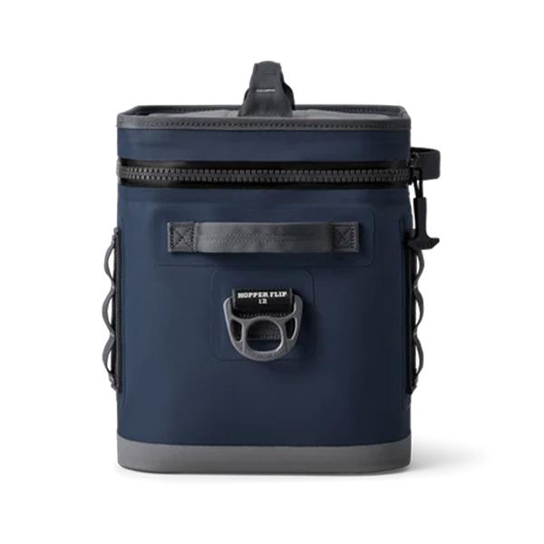 Hopper Flip 12 Soft Cooler in navy, front view showing handle, zipper, and bottle opener detail