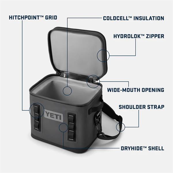 Navy Hopper Flip 12 soft cooler open to show wide-mouth interior with shoulder strap and zipper details.