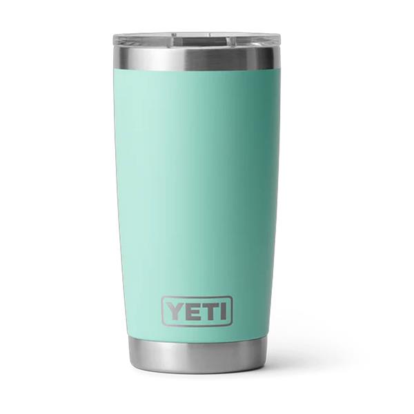 Rambler 20oz tumbler in seafoam with stainless steel rim and YETI logo on front