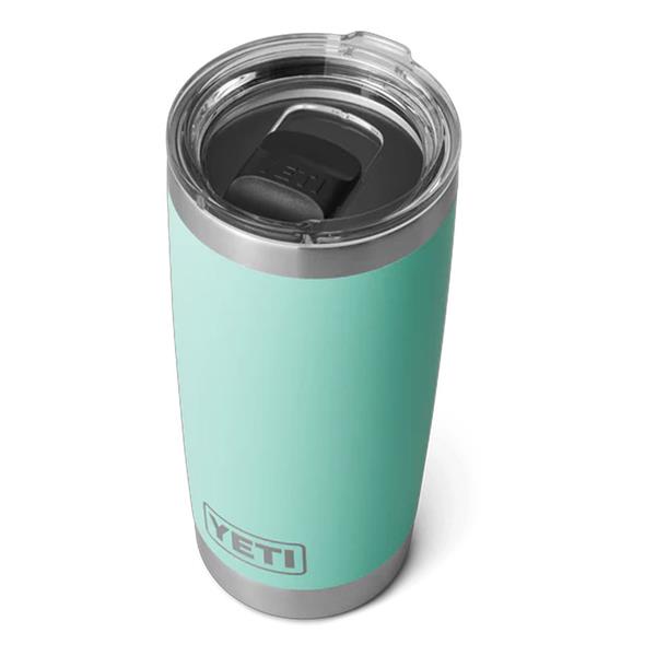 Rambler 20oz tumbler in seafoam with clear lid and black sliding closure, YETI logo on front