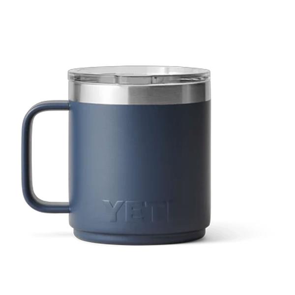 Navy Rambler 10oz mug with handle, stainless steel rim, and YETI logo embossed on front