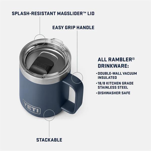 Navy Rambler 10oz mug with handle, clear splash-resistant lid, and YETI logo on front