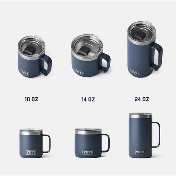 Three navy blue YETI Rambler mugs with lids in 10oz, 14oz, and 24oz sizes shown from top and side views.