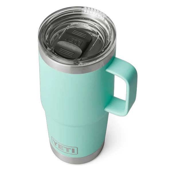 Rambler 20oz travel mug in seafoam with handle and clear lid, shown from a top angle.