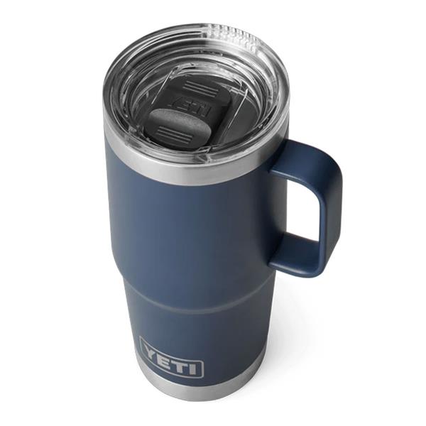 Navy Rambler 20oz travel mug with handle, clear lid, and YETI logo on front