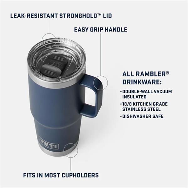 Navy Rambler 20oz travel mug with handle, clear leak-resistant lid, and YETI logo on front