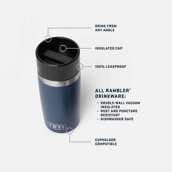 Rambler 12oz travel bottle in white with black insulated leakproof cap, shown with feature callouts.